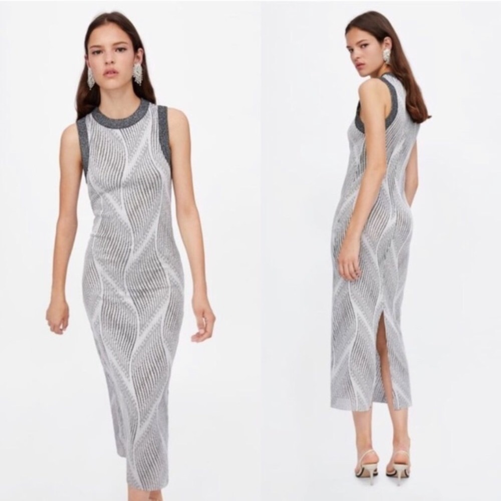 ZARA METALLIC THREAD MIDI JACQUARD SLEEVELESS GRAY DRESS NEW WITH TAGS SMALL